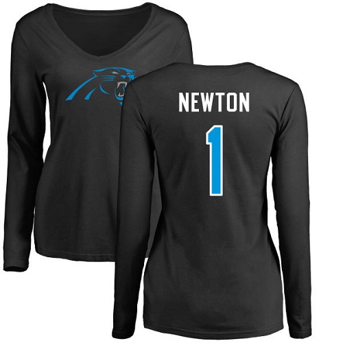 Carolina Panthers Black Women Cam Newton Name and Number Logo Slim Fit NFL Football #1 Long Sleeve T Shirt->women nfl jersey->Women Jersey